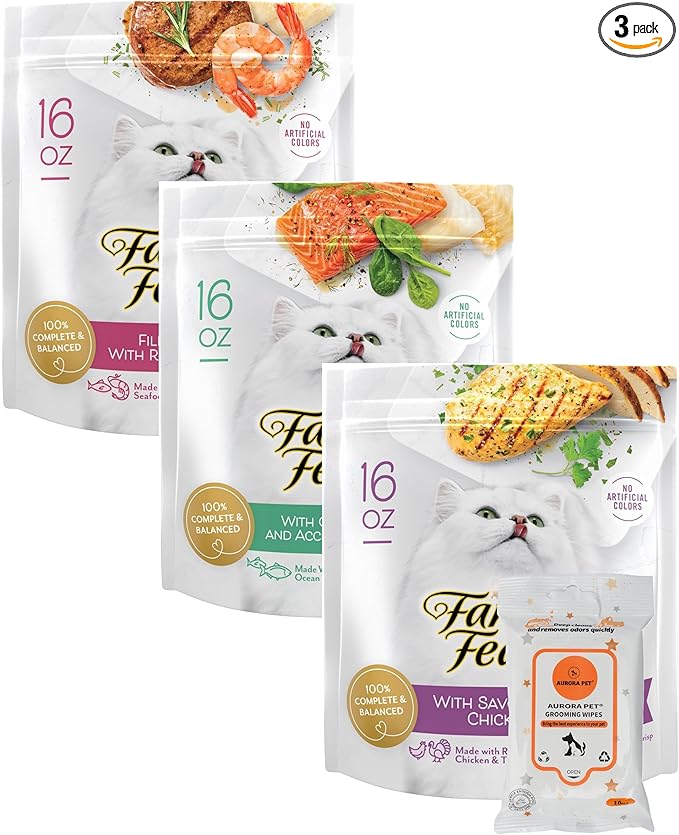 (3 Pack) Gourmet Dry Cat Food (1) Filet Mignon (1) Ocean Fish & Salmon (1) Chicken & Turkey with AuroraPet Wipes