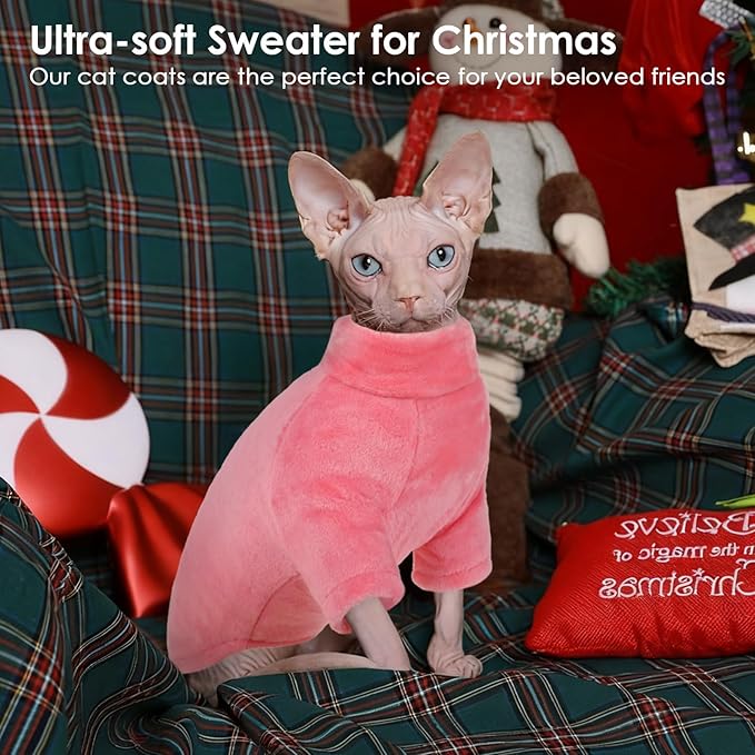 Turtleneck Sweater Coat for Cats, Sphynx Cat Clothes Pajamas for Cats Only, Kitten Fleece Pullover Sweaters with Sleeves, Pet Warm Jumpsuit Cat Sweatshirt for Cold Weather, Pink S