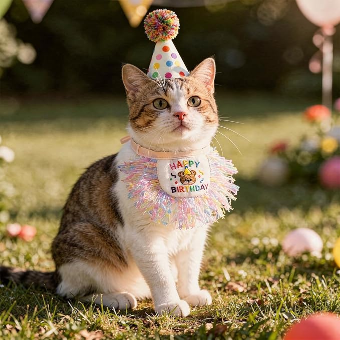 Cat Birthday Bandana Hat Set, Cute Cat Birthday Hat with Pom-Poms, Exquisite Cats Birthdays Outfit, Reusable Pet Party Decorations for Small Medium Cats Kittens Doggy