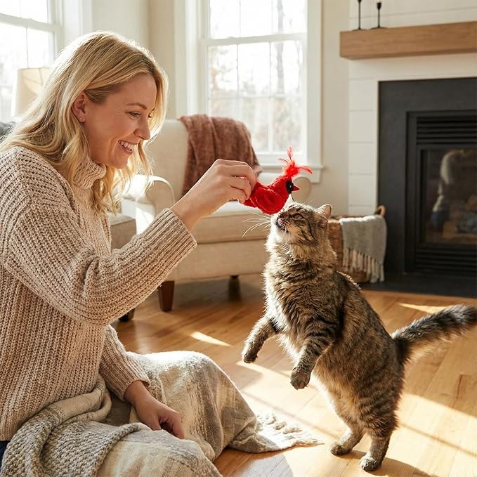 3 Pcs Bird Cat Toy with Chirping Sound, 3.15 Inch Interactive Exercise Toy with Lifelike Bird Chirp, Red Cardinal Blue Jay Goldfinch for Indoor Bored Cats Kittens, Gifts for Valentines Day