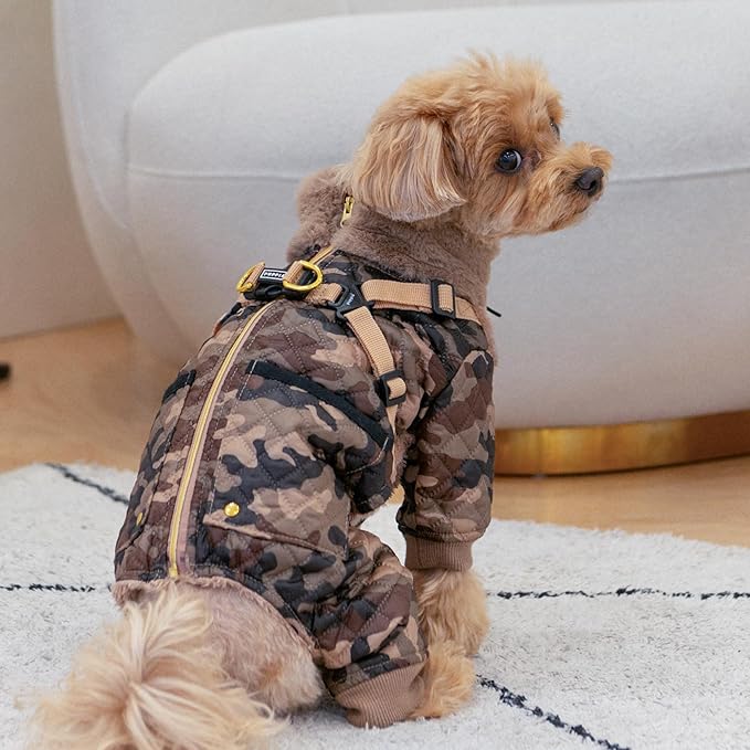 Puppia Bylur Mock Neck Full Zip up Warm Winter Jumpsuit with Integrated Harness for Small and Medium Dogs, Beige, Small