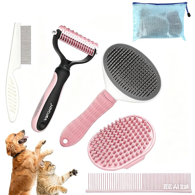 Dog Brush Grooming Kit 5 PCS - Self Cleaning Slicker Brush for Shedding Short Long Haired Dogs & Cats, Includes Pet Comb, Flea Comb, Bath Brush, Undercoat Rake - Complete Fur Care Set - Pink