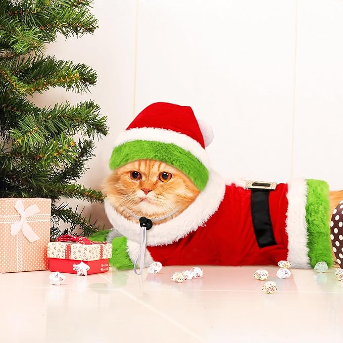 Dansydaisy Cat Christmas Costume Lime Green Character Pet Outfit Holiday Green Furry Pet Velvet Costume Cosplay Outfit Cute Funny Christmas Dogs and Cats Clothes for Party Favors(Large)
