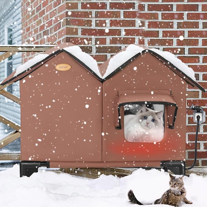 Heated Cat House for Outside in Winter Insulated Elevated Outdoor Cat House Weatherproof, Escape Door, Large Feral Cat Shelter Heated Bed for 2~3 Cats Stray Barn Kitty, Easy Assembly