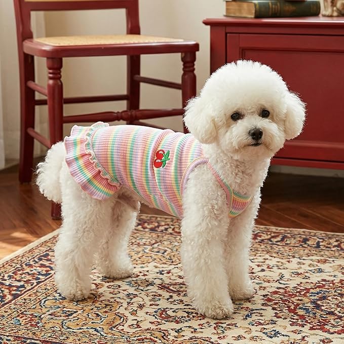 Jmkcoz Cute Striped Dog T Shirts Cherry Puppy Dress Soft Cotton Pet Sleeveless Vest Clothes Spring Summer Pet Outfits for Small Dogs Cats Girl (Pink, X-Large)