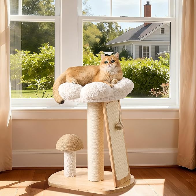 HITTITE Solid Wood Cat Tree Tower, Cat Scratching Post with Bed, 27" Small Flower Cat Tree, Compact Cat Tower with Scratching Pad and Cat Bed, Mushroom Modern Cat Tower for Indoor Cats Large Adult.