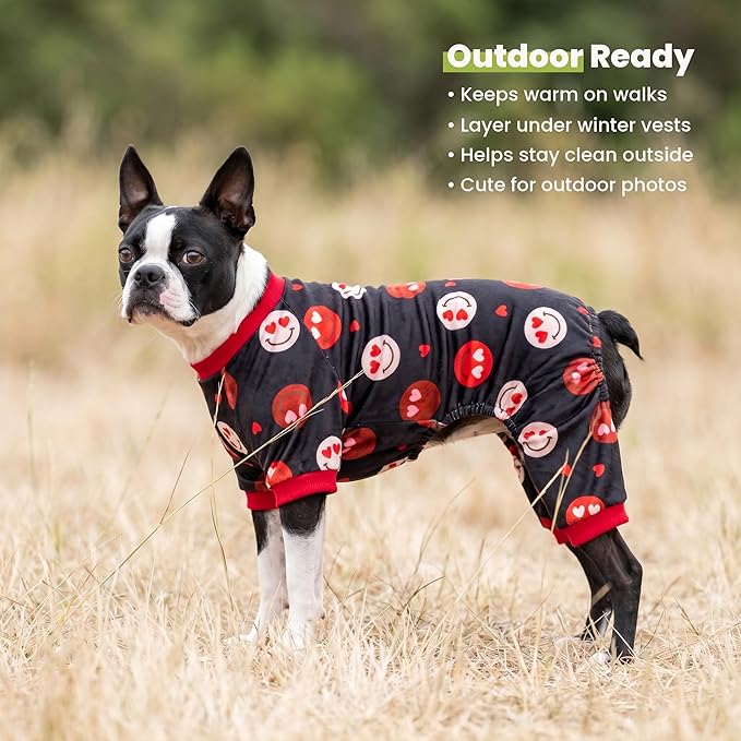 Fitwarm Hearts Eyes Smily Face Dog Pajamas, Cozy Valentines Outfit for Small Dogs Boy Girl, Festive Pet Clothes, Black, Red, XL