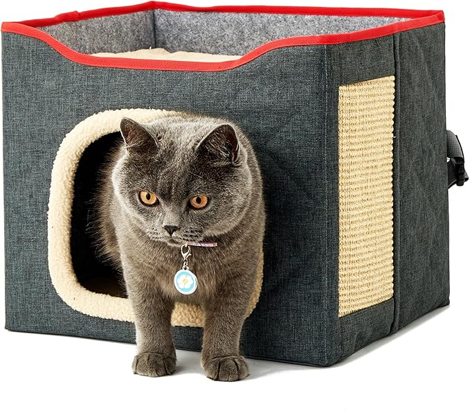 Cat Houses for Indoor Cat, Large 2-Sided Reversible Cushion Cat Condo with Safety Strap, Foldable Cat Hideway with Sisal Scratch Pad, All Seasons Pet Bed for Multi Cats,Dark Grey