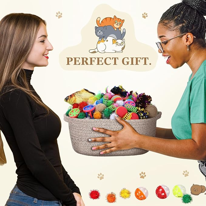 Zopeal 58 Pcs Summer Graduation Cat Storage Basket Gift Toys Set, Colorful Flashing Balls Pet Bell Crinkle Balls Spring Toys Attract Cat to Swat, Hunt, Interactive for Pet(Dark Brown,12 Inch)