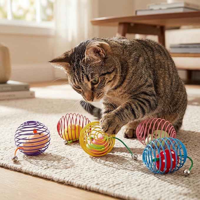 Jecery 5 Pcs Cat Spring Balls Toys Stretchable Rolling Balls Colorful Playful Coils Interactive Action Toy Caged Rats for Kitten Pet Supplies (Fruit Mouse,Multicolor)