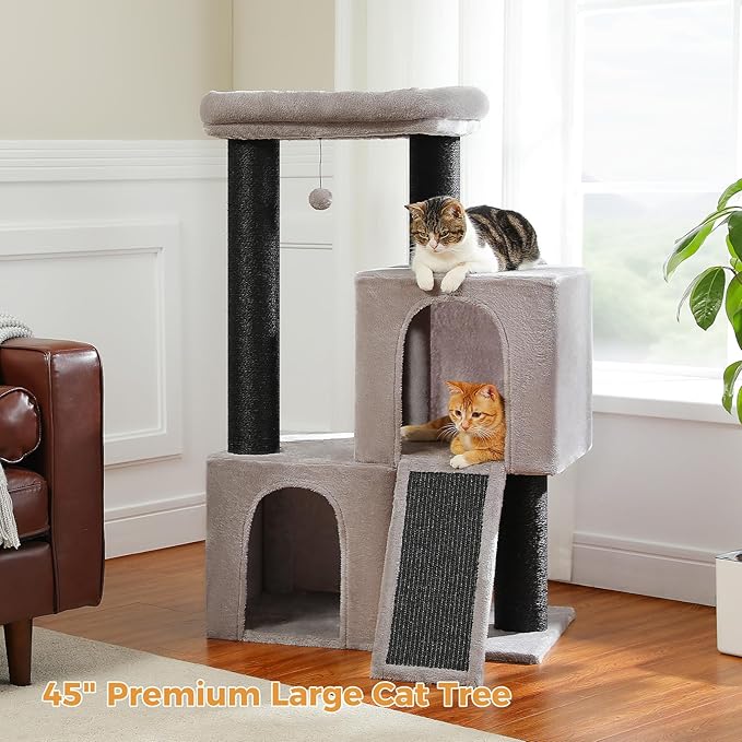 Cat Tree for Large Cats, 45" Heavy Duty Cat Tower with Dual Condos, 3 Thick Full Wrapped Sisal Scratching Posts(φ4.3), Spacious Padded Top Perch, Scratching Ramp and Toy Ball