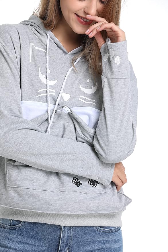ALYC Unisex Hoodies Pet Holder Cat Dog Kangaroo Pouch Carries Pullover with Cat Printing Sweatshirt (Light Grey, M)