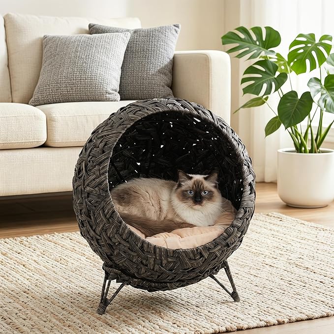 PawHut Rattan Cat Bed, Elevated Handwoven Cat Basket Bed with Soft Cushion and Metal Base, Indoor Kitty Furniture, Breathable, for Kittens, Gray