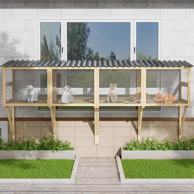 Cat Catio, Cat Window Box for Multiple Indoor Cats, Catio Pet Perch with Metal Mesh Locking Side Door, Wooden Enclosure Window All Weather Use 360° Enjoying Outdoors (Original Wood, Large)