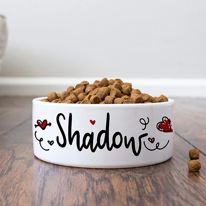 Personalized Dog Bowl w/Name, Ceramic Bowl for Dogs and Cats, 2 Sized for Small and Large Dogs - Pet Dish for Dry or Wet Food and Water, Pet Owner Gifts, Custom Pet Food Bowl | Hearts, 7 inches