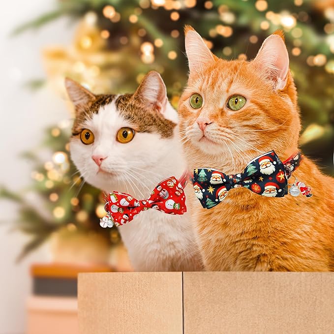 Mieemiu 2 Pack Christmas Cat Collar with Bow Tie, Adjustable Breakaway Collar with Bell for Cats and Kittens, Santa Claus and Red Snowman Holiday Design