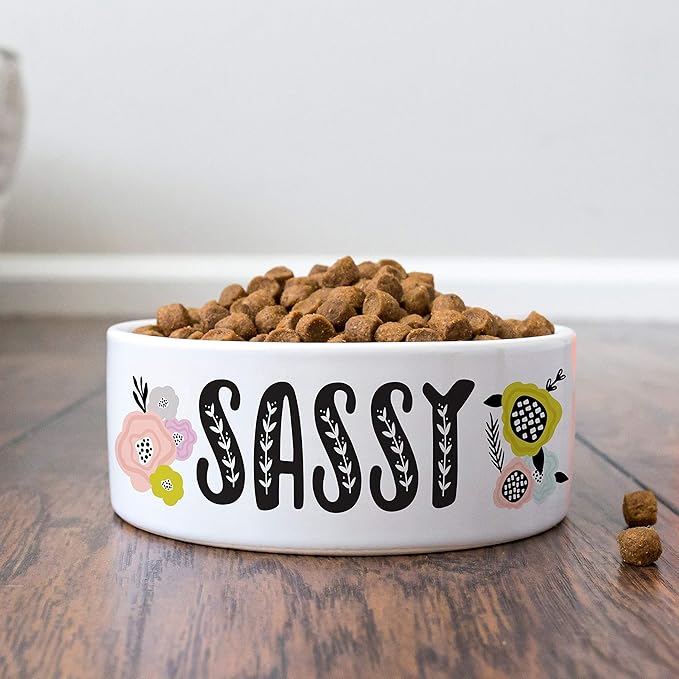 Personalized Ceramic Dog Bowl w/Name - 2 Sizes for Small and Large Dogs, Cats - Food and Water Dish, Custom Pet Owner Gifts | Floral, 7 Inches