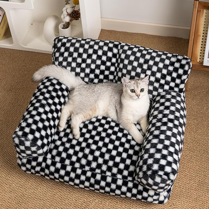 Faux Fur Cat & Dog Sofa Cat Couch Mini Cat Bed Indoor Human Style Pet Sofa, Modern Pet Furniture for Cats, Washable & Removable Cover, for Cats and Small Medium Dogs (Black/White, X-Large(36X27 inch))