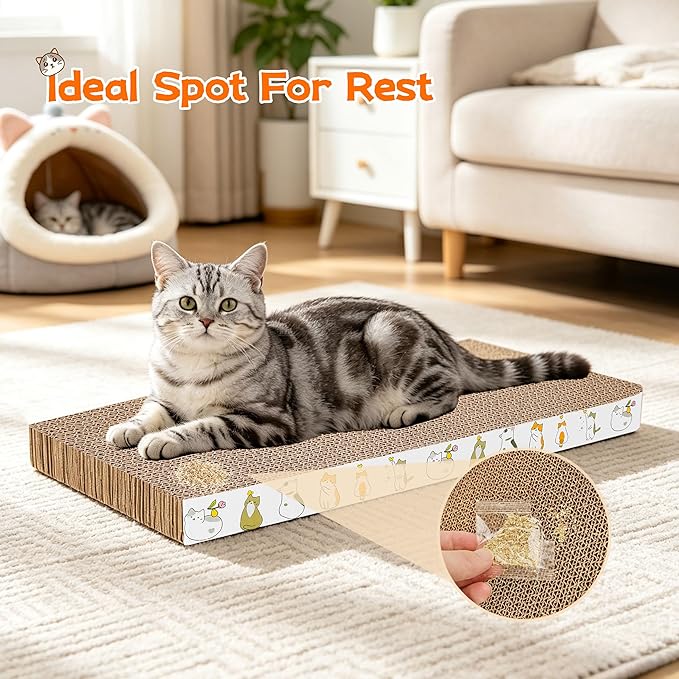 PatiencET Cat Scratcher Cardboard Pads for Indoor Cats, 4-Pack Mixed Flat and Wavy, Catnip Included