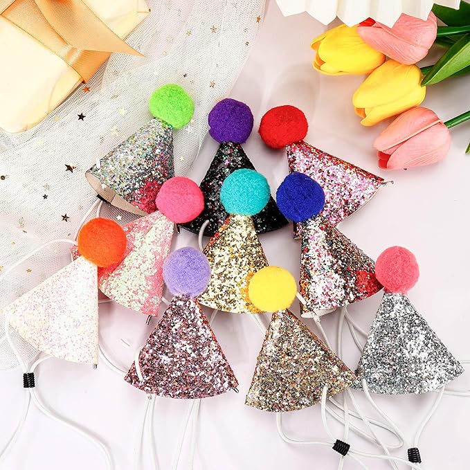 10Pcs Small Dog Party Hats with Sequins, Cats Adjustable Holiday Hats, Puppy Paper Hats for Birthday, Mini Party Hats for Stuffed Animals, Glitter Birthday Party Hats with Pom Poms for Pets