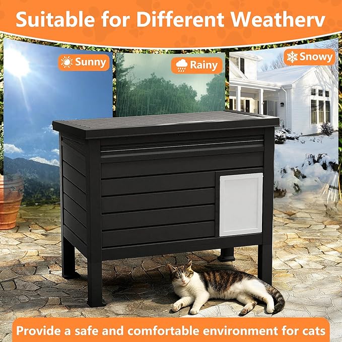 Outdoor Heated Cat House for Outside, Insulated Cat House Outdoor Weatherproof with Heated Pad & Air Rods for Winter, Large Outside Cat Shelter with Raised Floor & Ground Spike for Feral Cats, Black