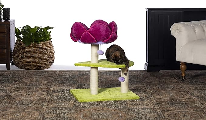 Prevue Pet Products Flower Garden Cat Tree - Multi-Level Indoor Cat Tower with Scratching Posts, Includes Hanging Toys and Play Areas, Plush Bed & Scratching Posts - Green and Pink