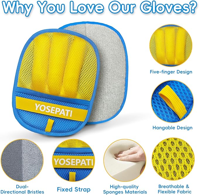 2 Pack Magic Brush Pet Hair Removal Gloves for Cat & Dog, Ectrostatic Five-Finger Fur Remover, The Magic Brush Pure Path Grooming Remover Glove for Laundry, Carpet & Car Seat (Blue & Yellow)