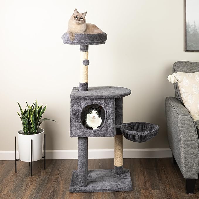 47” Tall Cat Tree Tower - Cat Tower with Hammock, Napping Perches, Kitten Condo, 2 Rope Scratching Posts, and Hanging Toy - Multi-Level Kitten Tree and Climbing Activity Furniture by PETMAKER (Gray)