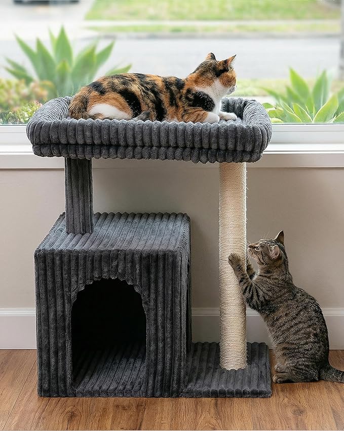 Cat Tree for Large Cat, 20.9 * 15.7in Large Perch Bed for Adult Cats, 22.8in Cat Tower with Scratching Post, Cat Condo with 2-Door for Indoor Cats, Dark Gray