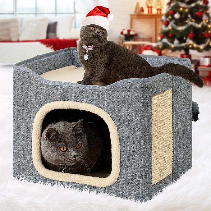 Cat Houses for Indoor Cat, Large 2-Sided Reversible Cushion Cat Condo with Safety Strap, Foldable Cat Hideway with Sisal Scratch Pad, All Seasons Pet Bed for Multi Cats,Light Grey