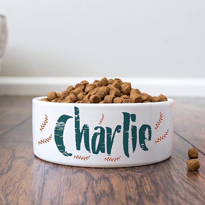 Personalized Dog Bowl w/Name, Ceramic Bowl for Dogs and Cats, 2 Sized for Small and Large Dogs - Pet Dish for Dry or Wet Food and Water, Pet Owner Gifts, Custom Pet Food Bowl | Leaves, 6 inches