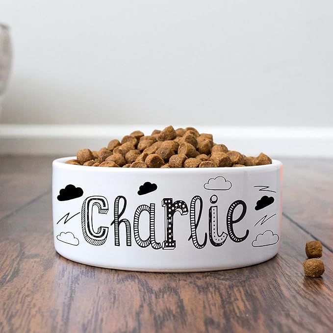 Personalized Ceramic Dog Bowl w/Name - 2 Sizes for Small and Large Dogs, Cats - Food and Water Dish, Custom Pet Owner Gifts | Clouds, 7 Inches