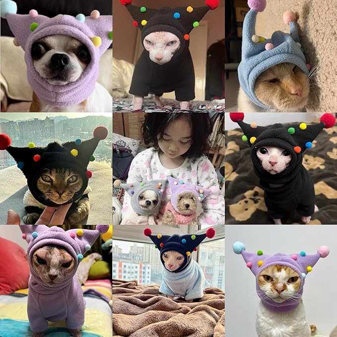 Cat Fleece Funny Hats with pom-poms, Cats Warm Hats with Adjustable Straps, Halloween Costume Hats for Cats, Headwear for Cats Birthday (Purple, L(Face Circle 10-11''))
