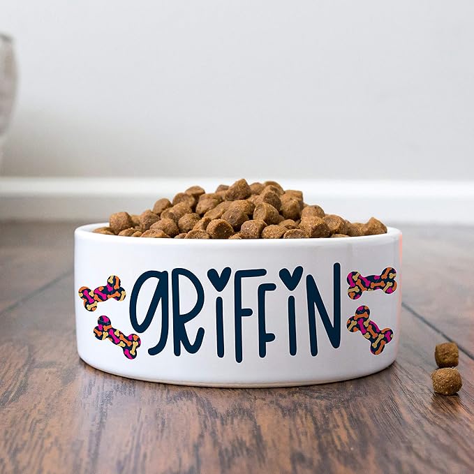 Personalized Ceramic Dog Bowl w/Name - 2 Sizes for Small & Large Dogs & Cats - Dry/Wet Food & Water, Custom Pet Dish | Bones, 7 inches
