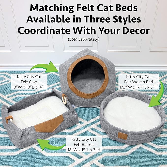 Kitty City Felt Lounge Sleeper Bed for Cats, Warm and Cozy Cat Bed with Machine Washable Cushion, Felt Construction with Faux Leather Details and Wood Handles, Gray, 15"D x 18"W x 7"H (CM-10068-CS01)