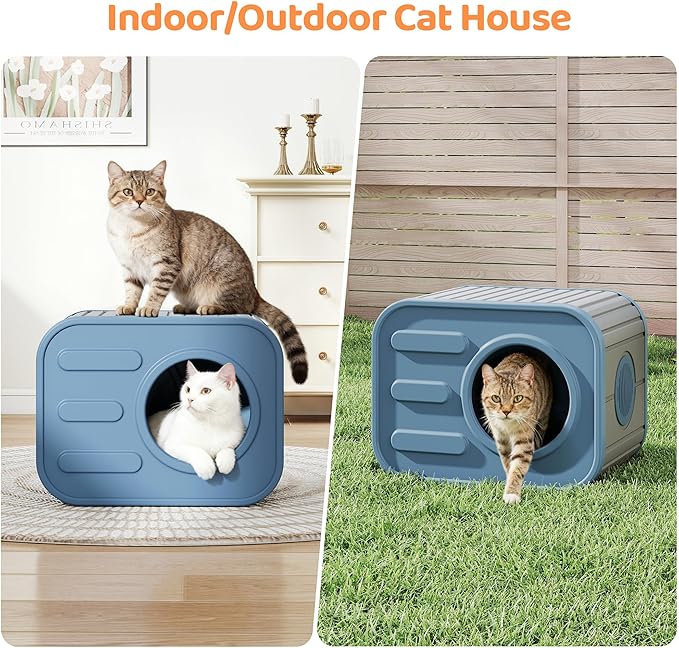 LHBcraft Outdoor Cat House Weatherproof, Feral Cat Houses for Outdoor Indoor Cats, Insulated Resin Shelter with Camera-Shaped Design, Easy to Assemble Blue