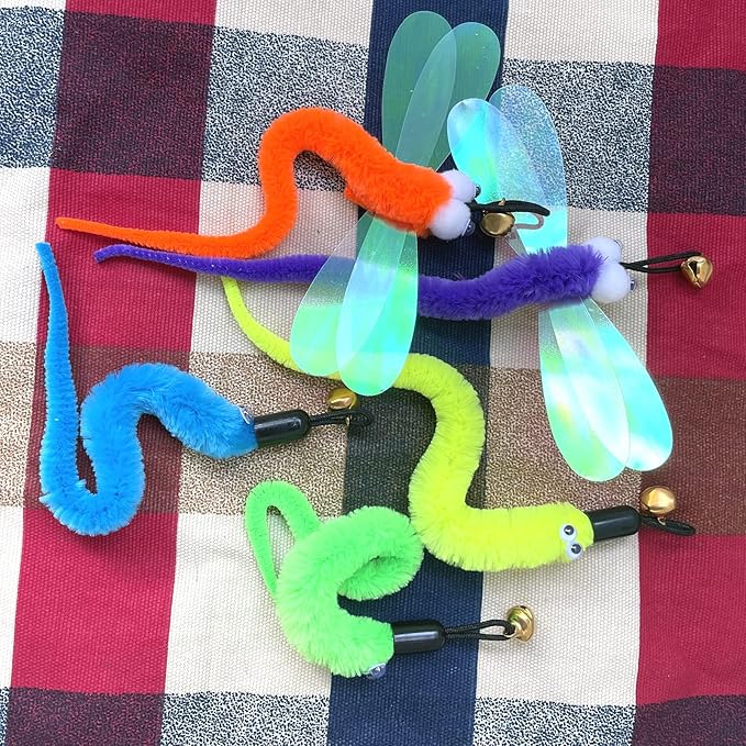 AcceLeah Cat Toy Fishing Pole Attachments Wand Refills, Refills Cat Fishing Pole Toy attachments Dragonfly Worm Refill for Cat Indoor Toy (11Pcs(Feathers+Dragonfly+Worm)