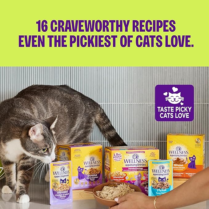 Wellness Appetizing Mousse Flaked Adult Wet Cat Food, Natural, Protein Rich, Grain Free, Chicken and Herring Recipe, 2.8 oz, Pack of 8 Pouches