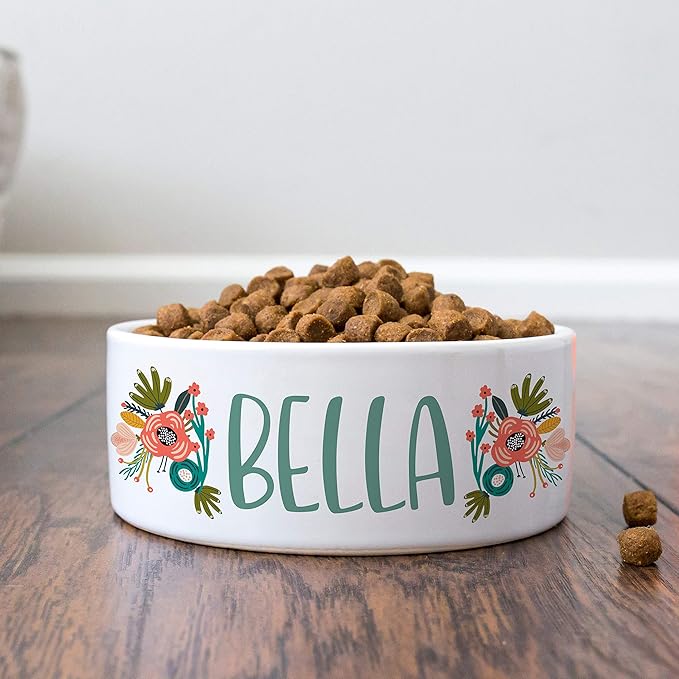 Personalized Dog Bowl w/Name, Ceramic Bowl for Dogs and Cats, 2 Sizes for Small and Large Dogs - Pet Dish for Dry or Wet Food and Water, Custom Pet Food Bowl | Flowers, 7 inches