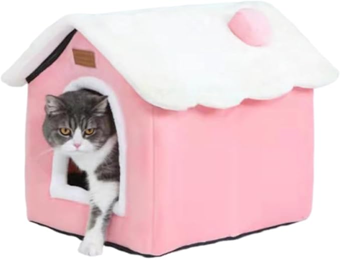 Cat Bed Cave, Cute Christmas Cat Beds for Indoor Cats, Xmas Pet House Cats Tent with Removable Cushion Pillow for Kittens Puppy Small Dogs (Pink-M(18 * 14.6 * 15.7in))