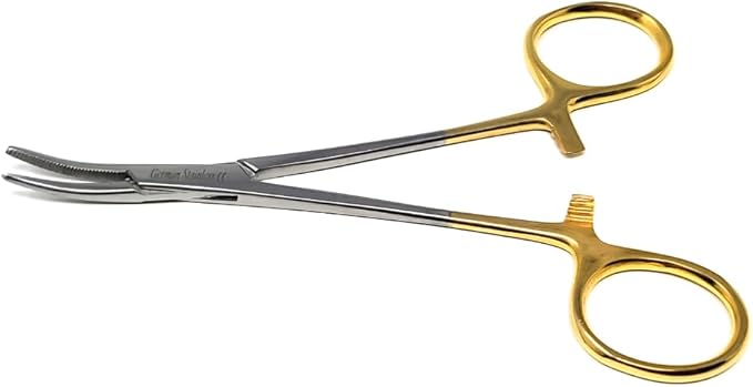 HTI DOG CAT PET HAIR PULLER REMOVER STAINLESS STEEL HEMOSTAT LOCKING FORCEPS 5" CURVED FULL SERRATED (Gold Handle)