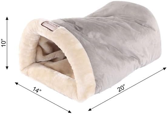 HomeStock Soft Cave Cat Bed - Plush Faux Fur & Suede - Machine Washable - Skid-Free Base - Sage Green & Beige
