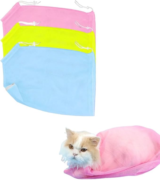 3-Pack Cat Grooming Mesh Bag, Adjustable Restraint for Bathing and Nail Trimming, Pink Blue Yellow
