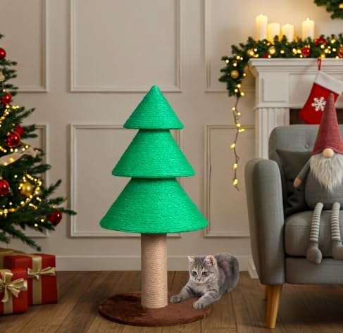 VINGLI 31.5in Christmas Tree Cat Scratcher, Green Cat Scratching Post for Indoor Cats, Large Sisal Cat Scratching Tree Tower with Soft Fleece Base, Stable Cat Tree for Kittens & Adult Cats