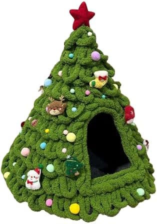 Knitted, Christmas Tree, Pet Bed, Cozy Handcrafted Cat & Small Dog Sleeping Nest, Easy to Knit, DIY (Medium, A)