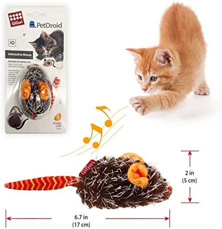 Gigwi Interactive Cat Toy Moving Mouse, Automatic Cat Toy Mice Electronic with Furry Tail, Squeaky Cat Toys for Indoor Cats/Outdoor Exercise (Orange Ear)