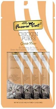Fussie Cat Puree Grain Free Treat in 3 Flavors: (1) Tuna with Prawns, (1) Chicken with Duck and (1) Chicken (3 Four-Tube Packs, 12 Tubes Total, .5 Ounce per Tube) Plus Silicone Lid