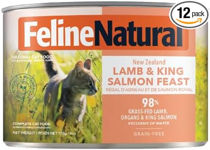 Feline Natural New Zealand Canned Catfood Wet Food, High-Meat, Low-Carb, & Grain Free Cat Food Wet, Lamb & Salmon Feast, 6 oz, Pack of 12