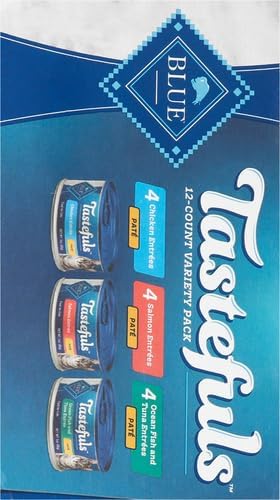 Blue Buffalo Tastefuls Natural Pate Wet Cat Food Variety Pack, Salmon, Chicken,Ocean Fish & Tuna Entrées 3-oz Cans (4 of Each Flavor), (Pack of 24)