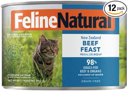 Feline Natural New Zealand Canned Catfood Wet Food, High-Meat, Low-Carb, & Grain Free Cat Food Wet, Beef Feast, 6 oz, Pack of 12